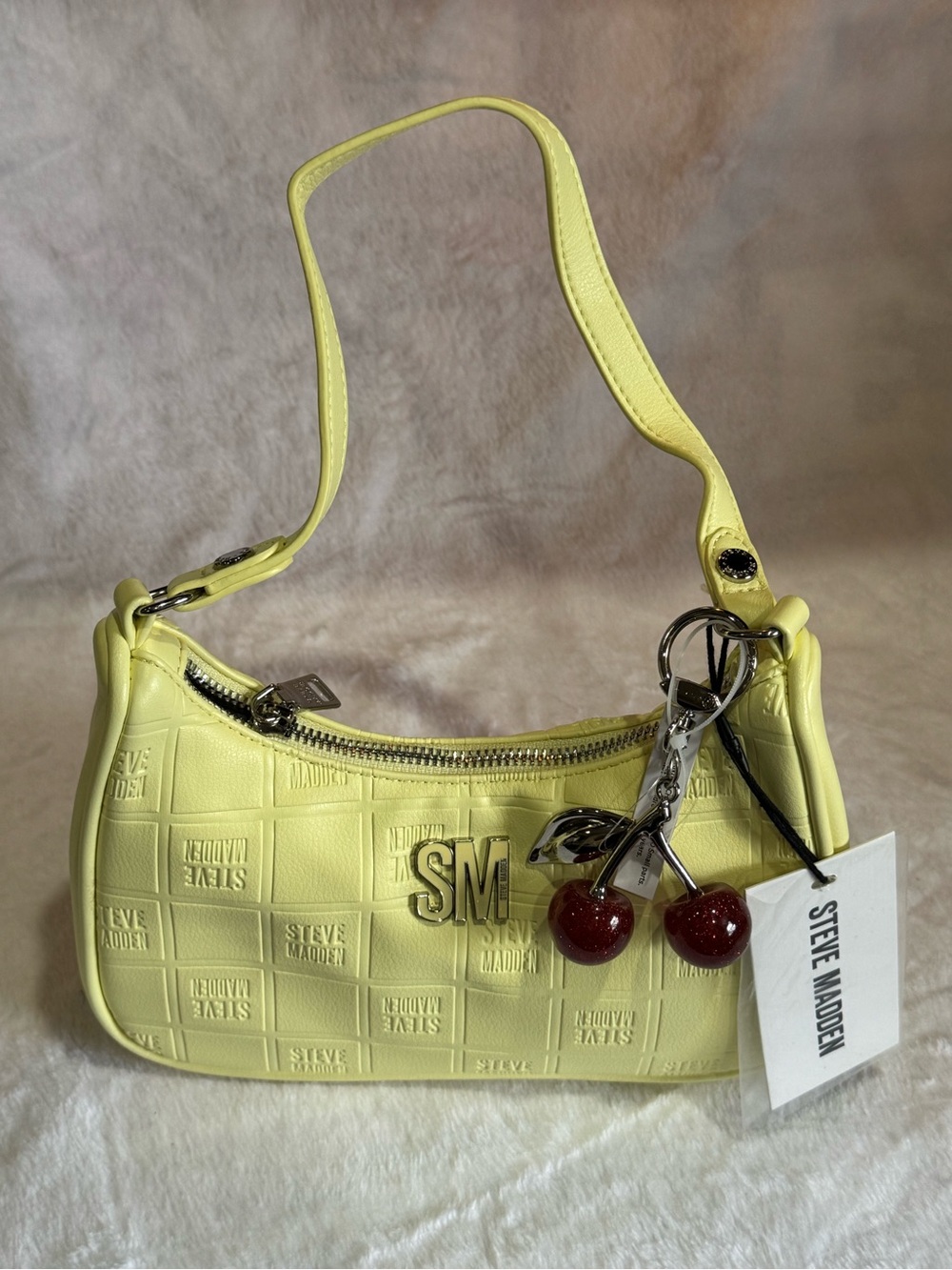 Steve Madden Lemon Yellow SM Logo Shoulder Bag with Cherry Charm
